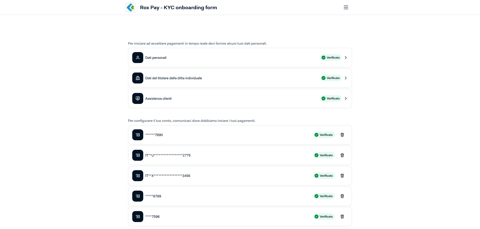 Guided verification page with business details and documents